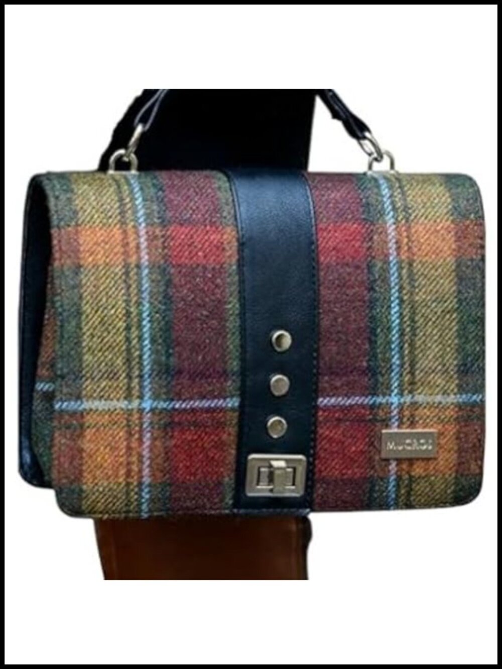Wool Tweed & PU Leather Top-Handle Satchel Purse with Shoulder Strap